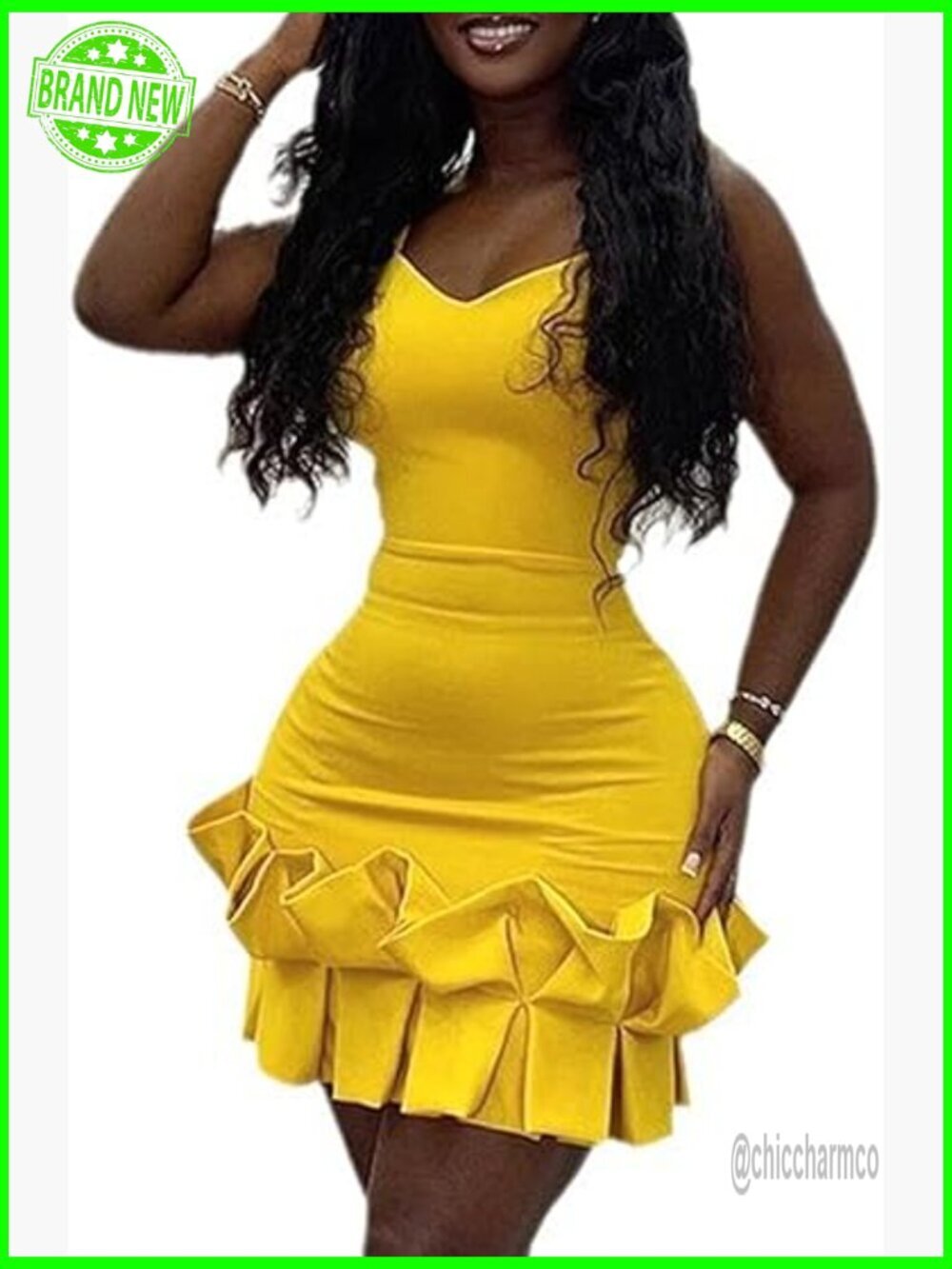 Sexy V Neck Mini Dress Sleeveless Bodycon Ruffle Hem Club Dress